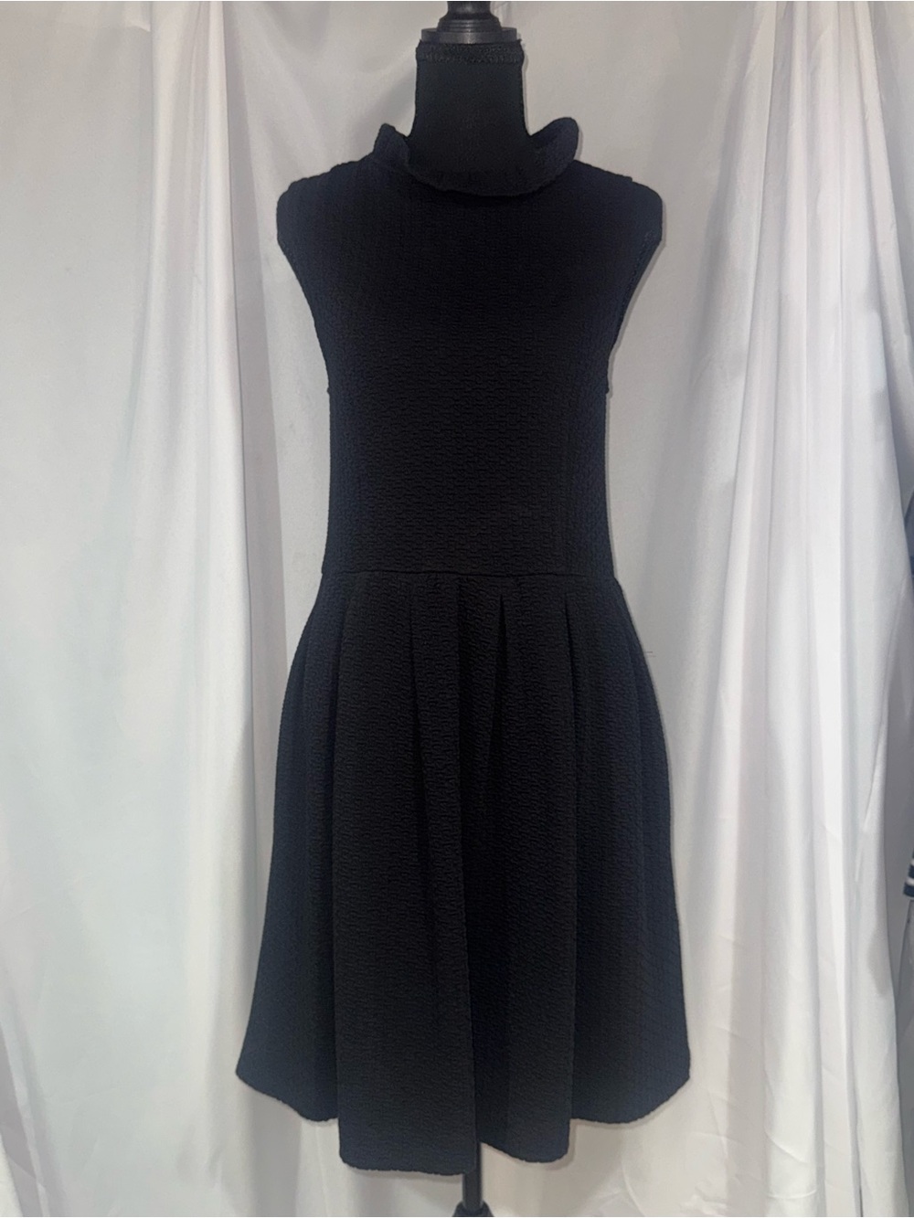 Ganni Black Sleeveless High Ruffle Neckline Fit-and-Flare Midi Dress